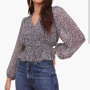 Astr navy floral long sleeve v-neck button peplum blouse